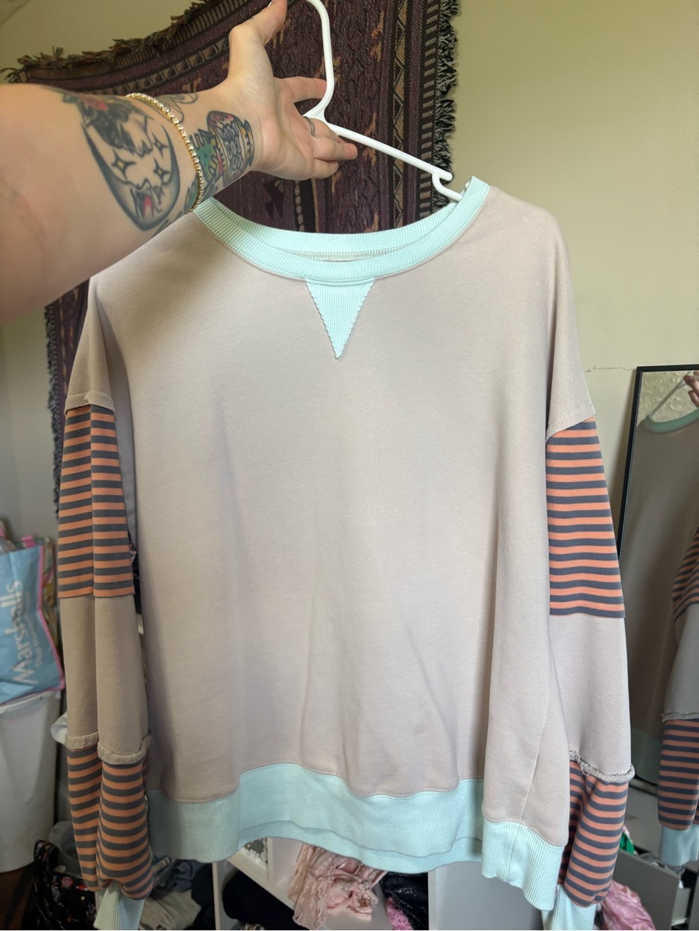 Boutique 9 Pink and Mint Striped Sleeve Crewneck Sweater